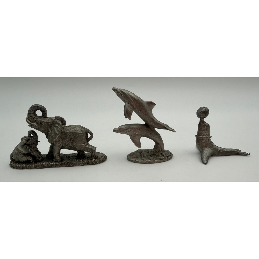 Vintage Spoontiques Pewter Miniatures Elephant Dolphin Seal Figurines Set 3